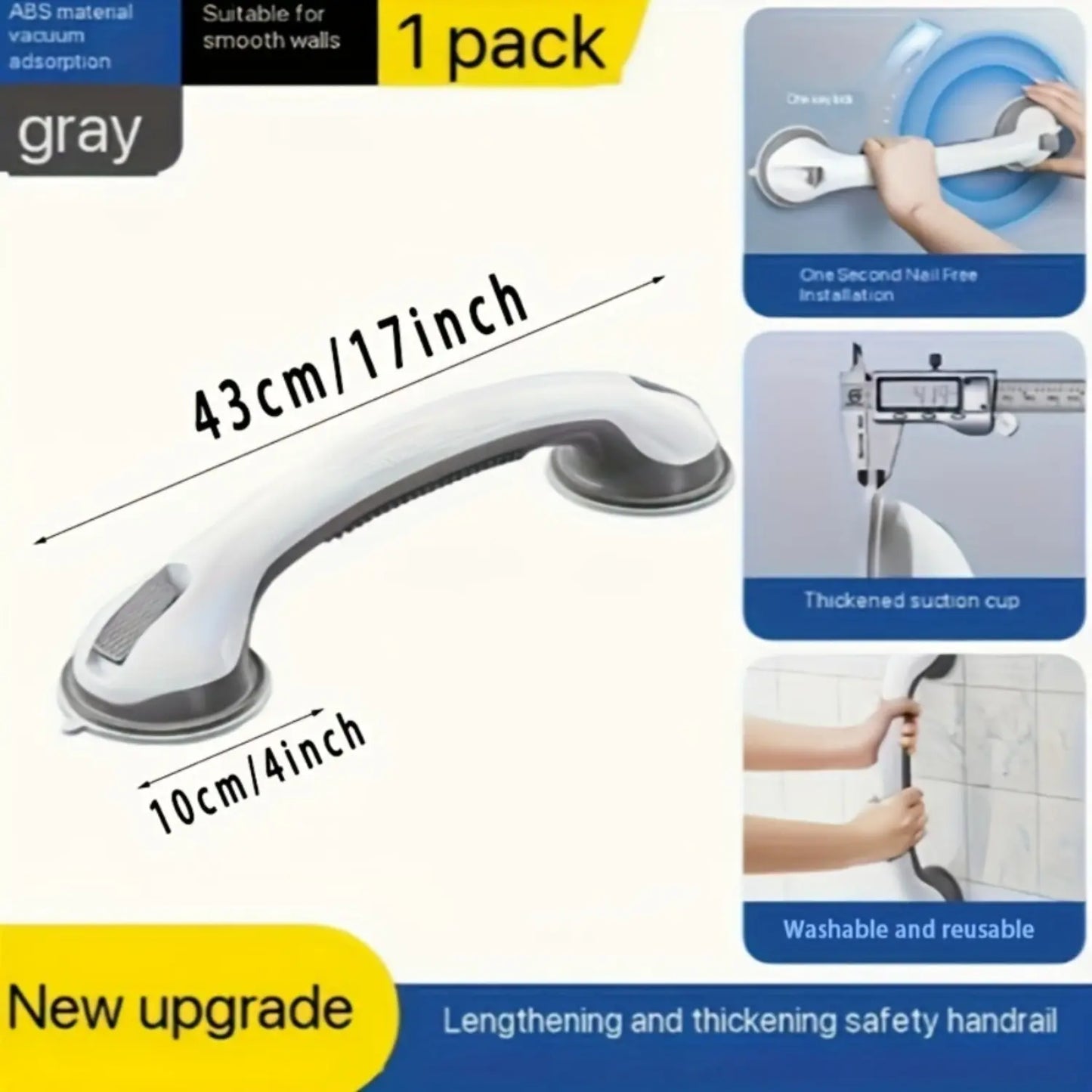 17 Inch Suction Cup Bathroom Grab Bar Easy-Install - Anti-Slip Safety Handle, No Drilling Installation, Bathroom Fall Prevention, Bathroom Suction Cup Grab Bar, for Shower, Bathtub and Toilet