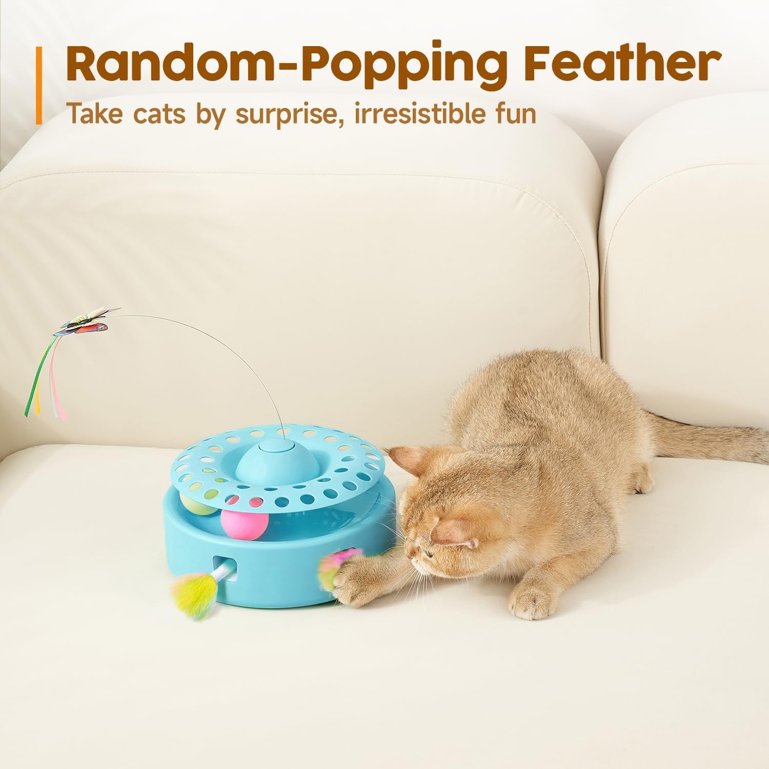 Potaroma 3-in-1 Interactive Cat Toy - Fluttering Butterfly & Feather Ambush with Track Balls - USB Powered Indoor Exercise for Kittens (Blue)