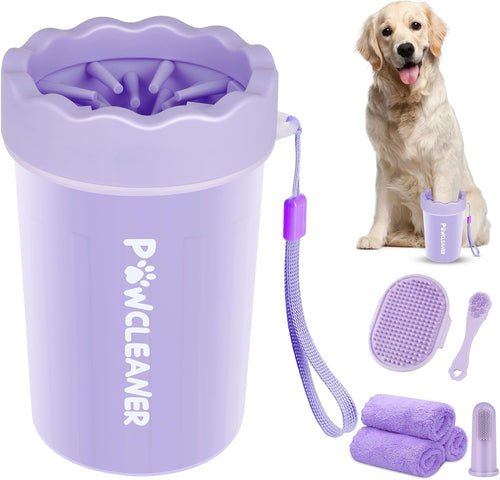 Ultimate 7-in-1 Dog Paw Cleaner Kit for Dogs & Cats - Portable Washer, Bath Brush, Toothbrushes & Absorbent Towels - Perfect for Medium Paws (1.5 to 2.5 Inches Wide) - Stylish Purple Design