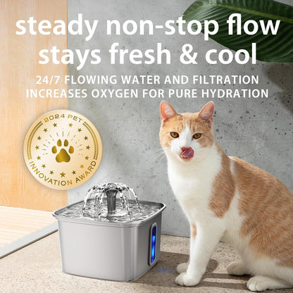 Veken Award-Winning Stainless Steel Cat Water Fountain - 108Oz Automatic Pet Dispenser with 3 Filters & Silicone Mat - Perfect Gift for Cats & Dogs (Silver)