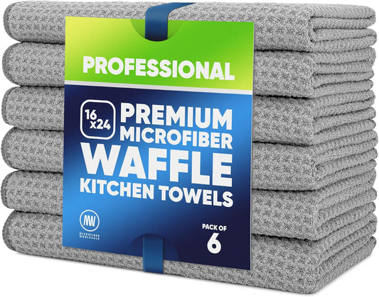 Premium Microfiber Waffle Weave Kitchen Towels - 6 Pack, Ultra Absorbent, Lint-Free, Thick & Soft for Home & Commercial Use (Gray, 16"x24")