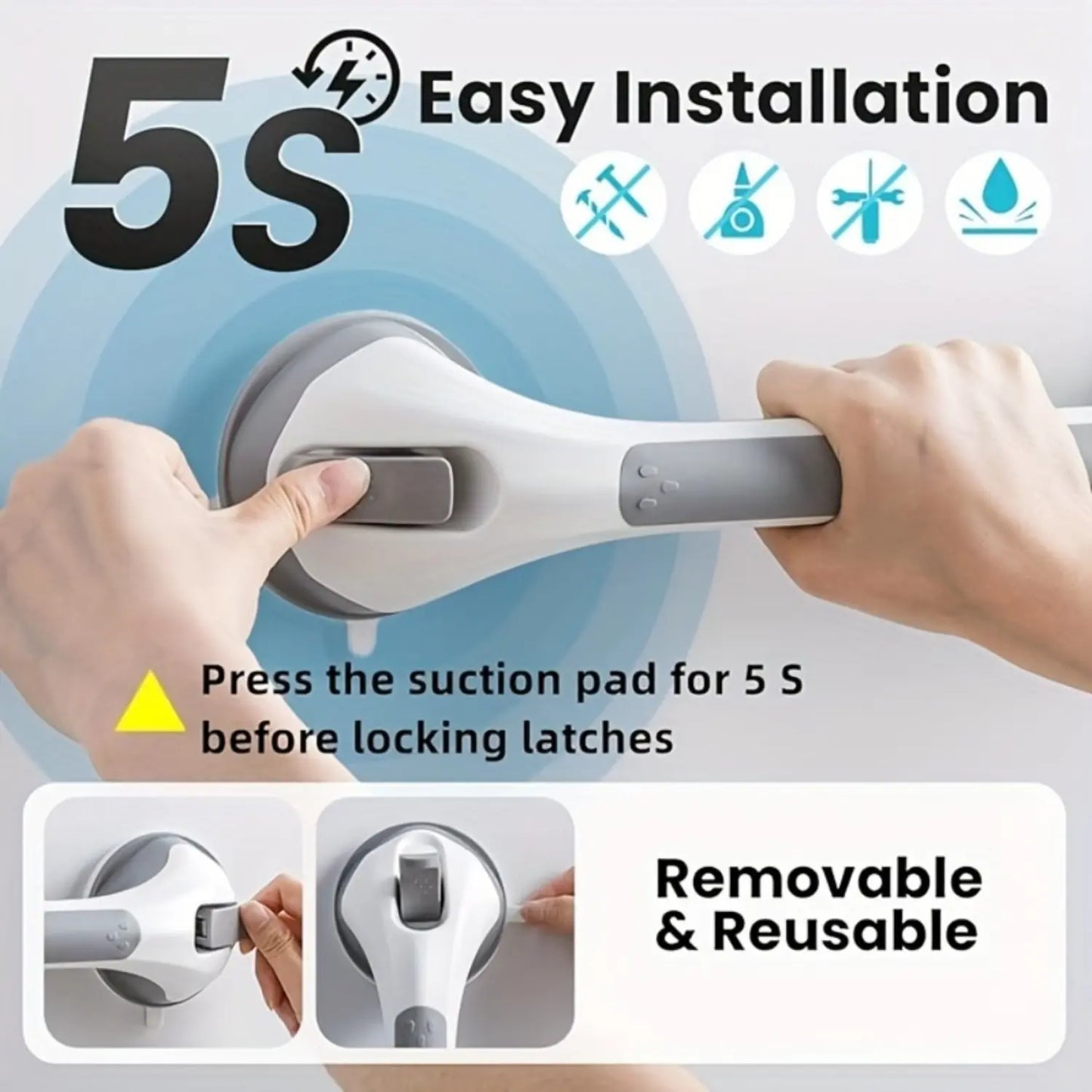 17 Inch Suction Cup Bathroom Grab Bar Easy-Install - Anti-Slip Safety Handle, No Drilling Installation, Bathroom Fall Prevention, Bathroom Suction Cup Grab Bar, for Shower, Bathtub and Toilet