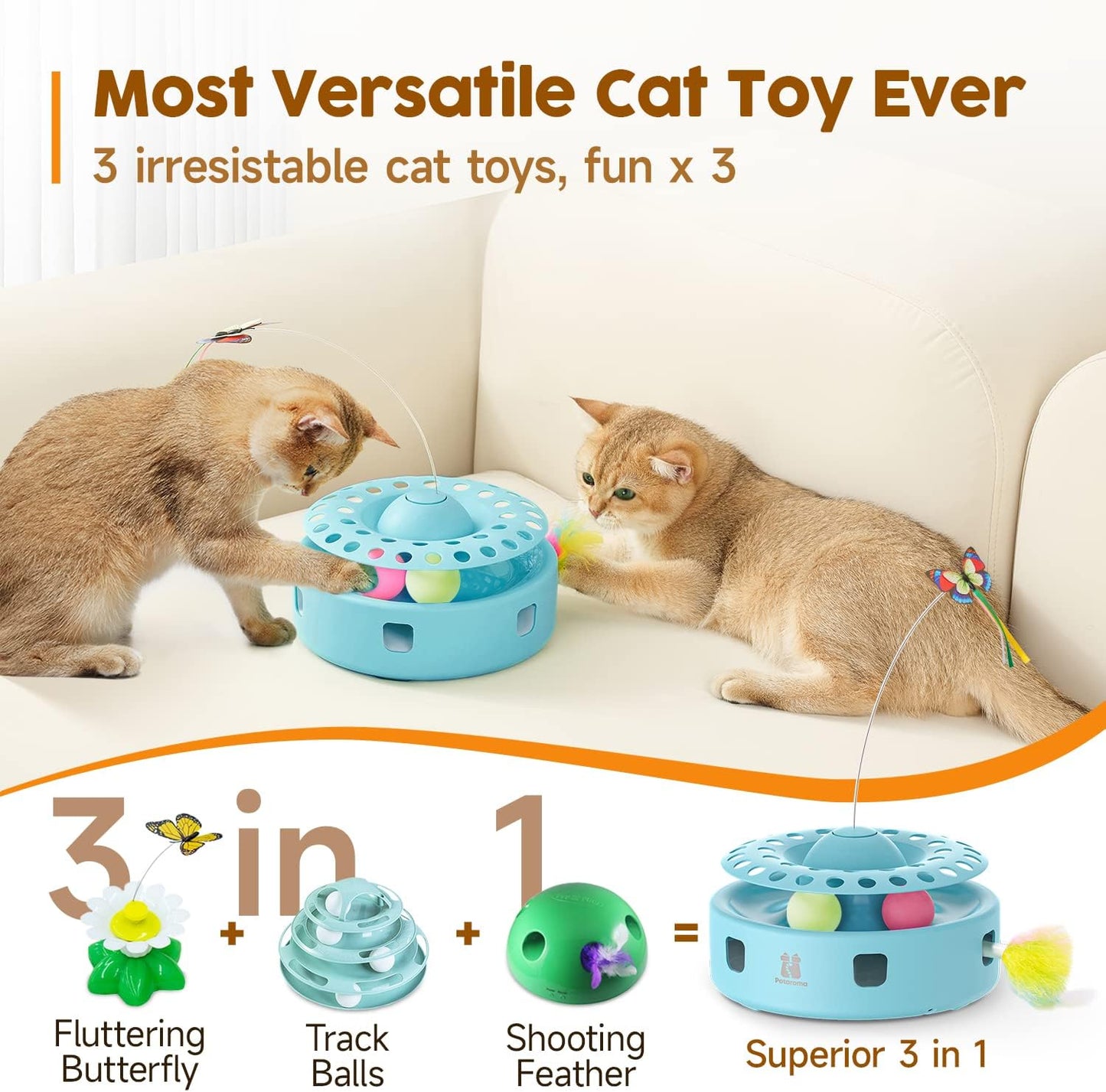 Potaroma 3-in-1 Interactive Cat Toy - Fluttering Butterfly & Feather Ambush with Track Balls - USB Powered Indoor Exercise for Kittens (Blue)