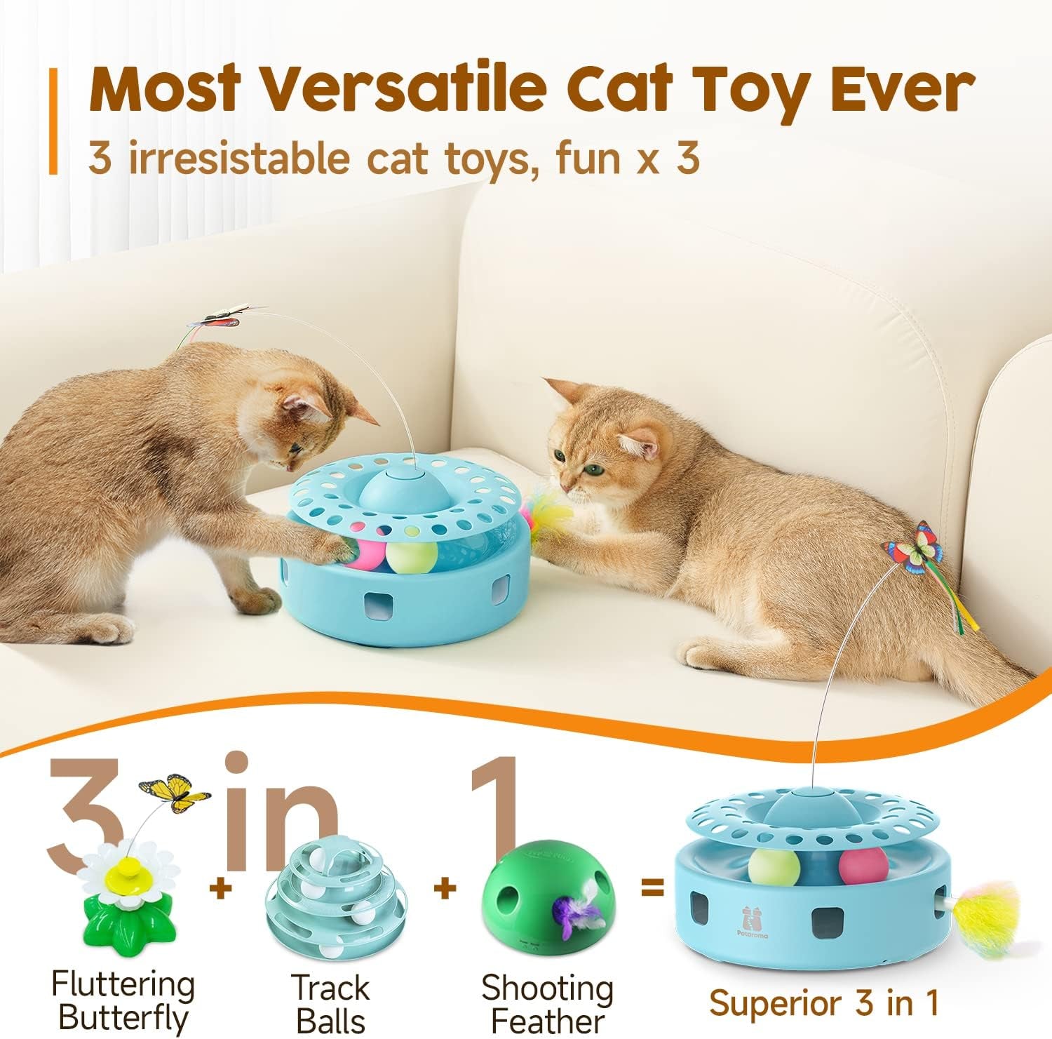 Potaroma 3-in-1 Interactive Cat Toy - Fluttering Butterfly & Feather Ambush with Track Balls - USB Powered Indoor Exercise for Kittens (Blue)