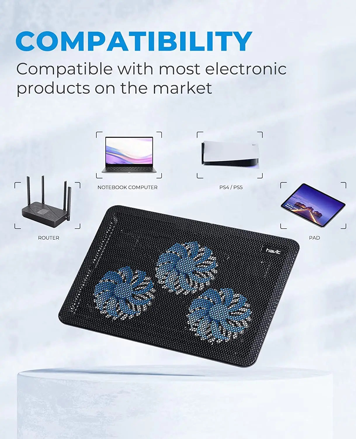 HV-F2056 Laptop Cooling Pad - Ultra-Slim Cooling Stand with 3 Quiet Fans for 15.6"-17" Gaming Laptops