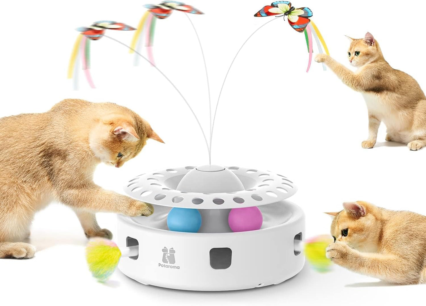 Potaroma 3-in-1 Interactive Cat Toy - Fluttering Butterfly & Feather Ambush with Track Balls - USB Powered Indoor Exercise for Kittens (Blue)
