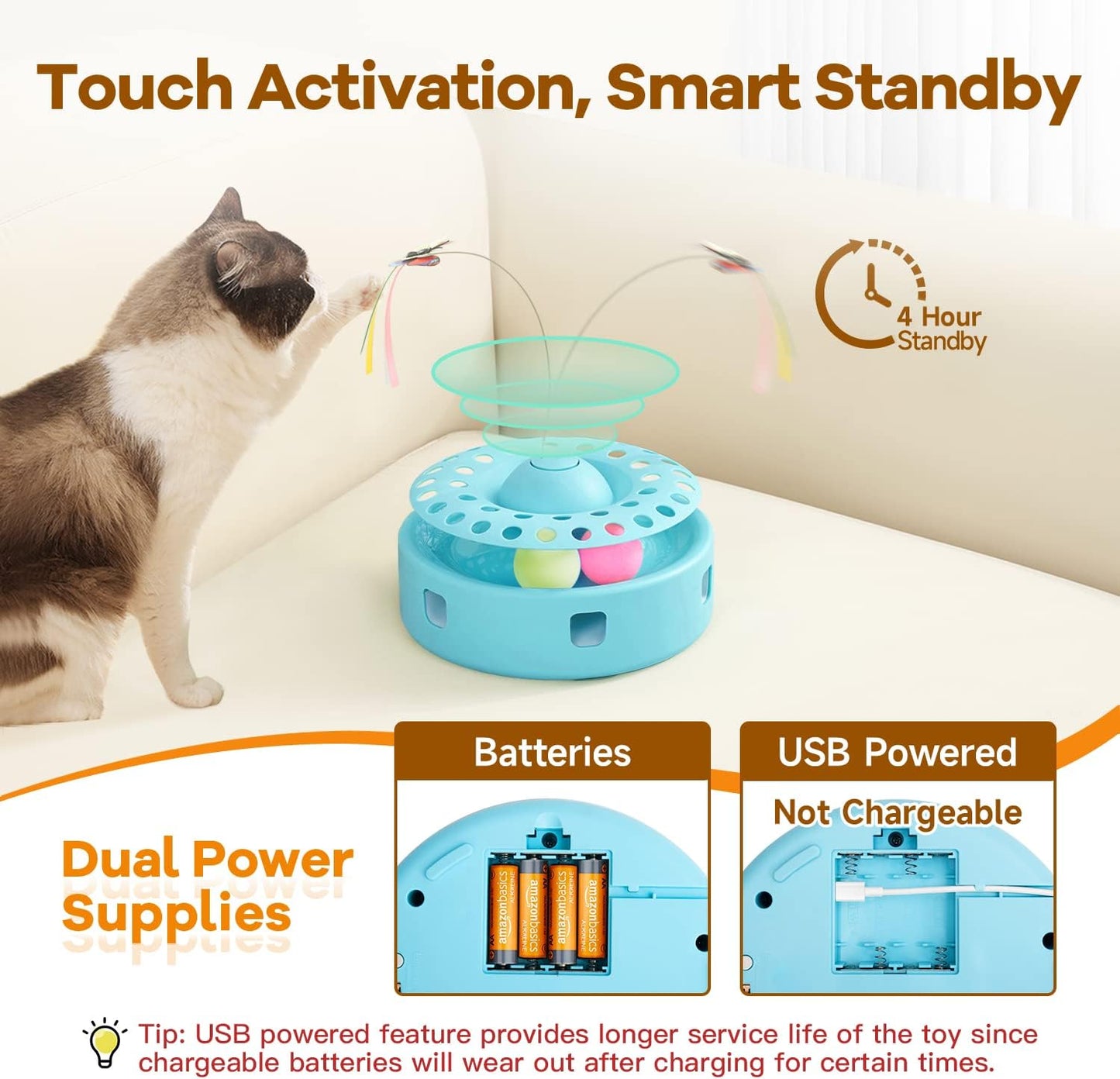 Potaroma 3-in-1 Interactive Cat Toy - Fluttering Butterfly & Feather Ambush with Track Balls - USB Powered Indoor Exercise for Kittens (Blue)
