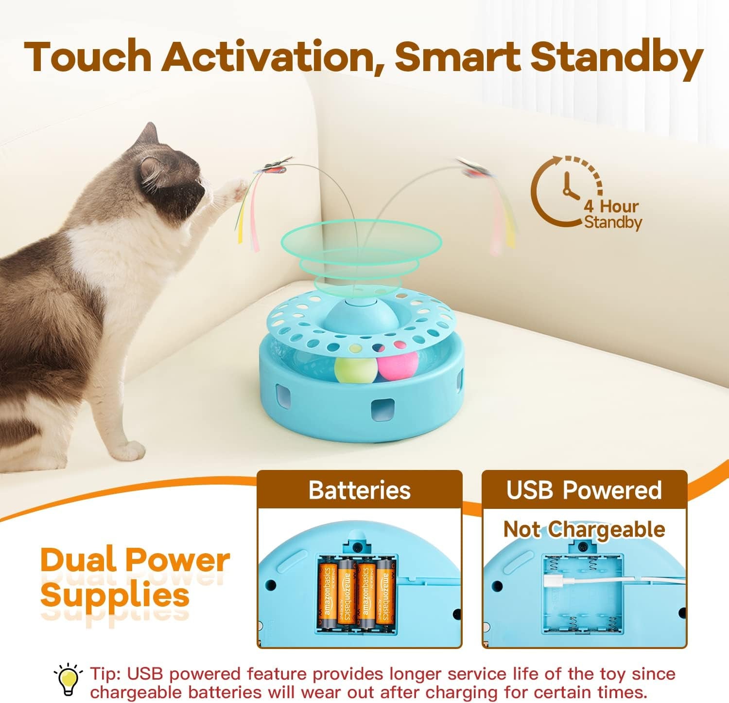 Potaroma 3-in-1 Interactive Cat Toy - Fluttering Butterfly & Feather Ambush with Track Balls - USB Powered Indoor Exercise for Kittens (Blue)