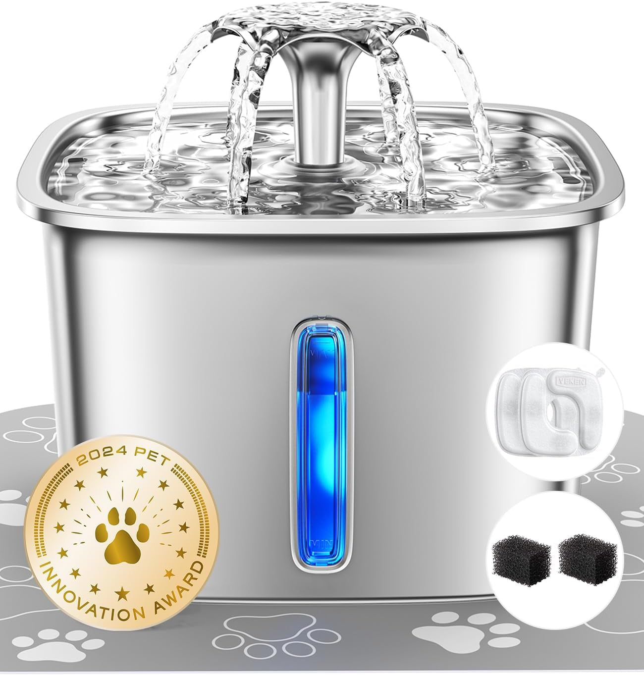 Veken Award-Winning Stainless Steel Cat Water Fountain - 108Oz Automatic Pet Dispenser with 3 Filters & Silicone Mat - Perfect Gift for Cats & Dogs (Silver)