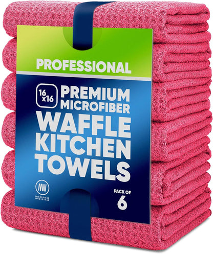 Premium Microfiber Waffle Weave Kitchen Towels - 6 Pack, Ultra Absorbent, Lint-Free, Thick & Soft for Home & Commercial Use (Gray, 16"x24")