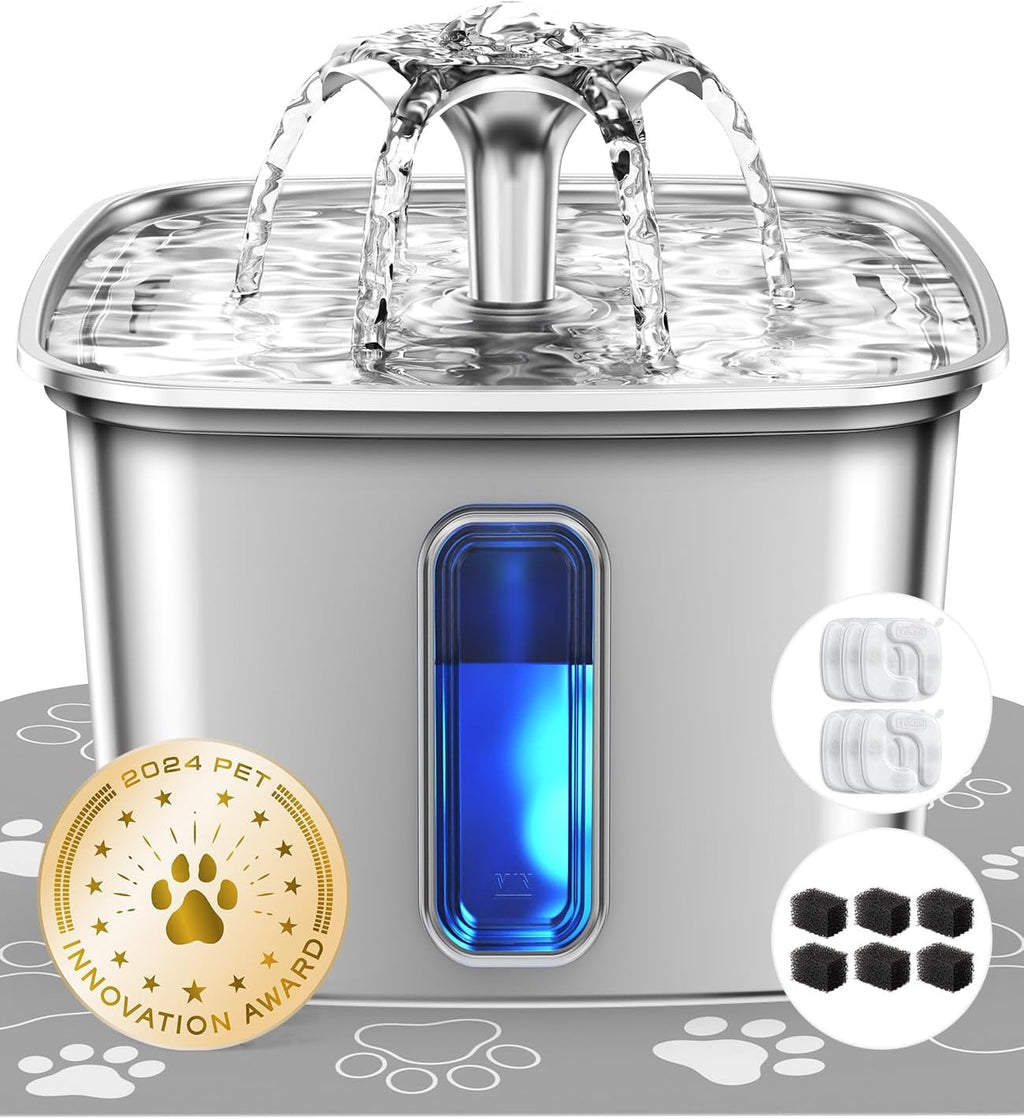 Veken Award-Winning Stainless Steel Cat Water Fountain - 108Oz Automatic Pet Dispenser with 3 Filters & Silicone Mat - Perfect Gift for Cats & Dogs (Silver)