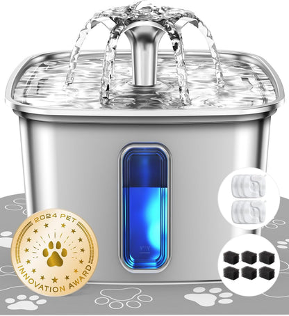 Veken Award-Winning Stainless Steel Cat Water Fountain - 108Oz Automatic Pet Dispenser with 3 Filters & Silicone Mat - Perfect Gift for Cats & Dogs (Silver)