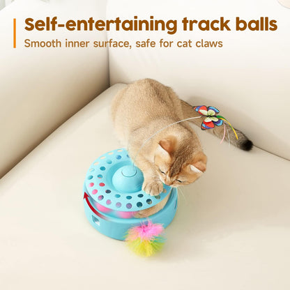 Potaroma 3-in-1 Interactive Cat Toy - Fluttering Butterfly & Feather Ambush with Track Balls - USB Powered Indoor Exercise for Kittens (Blue)