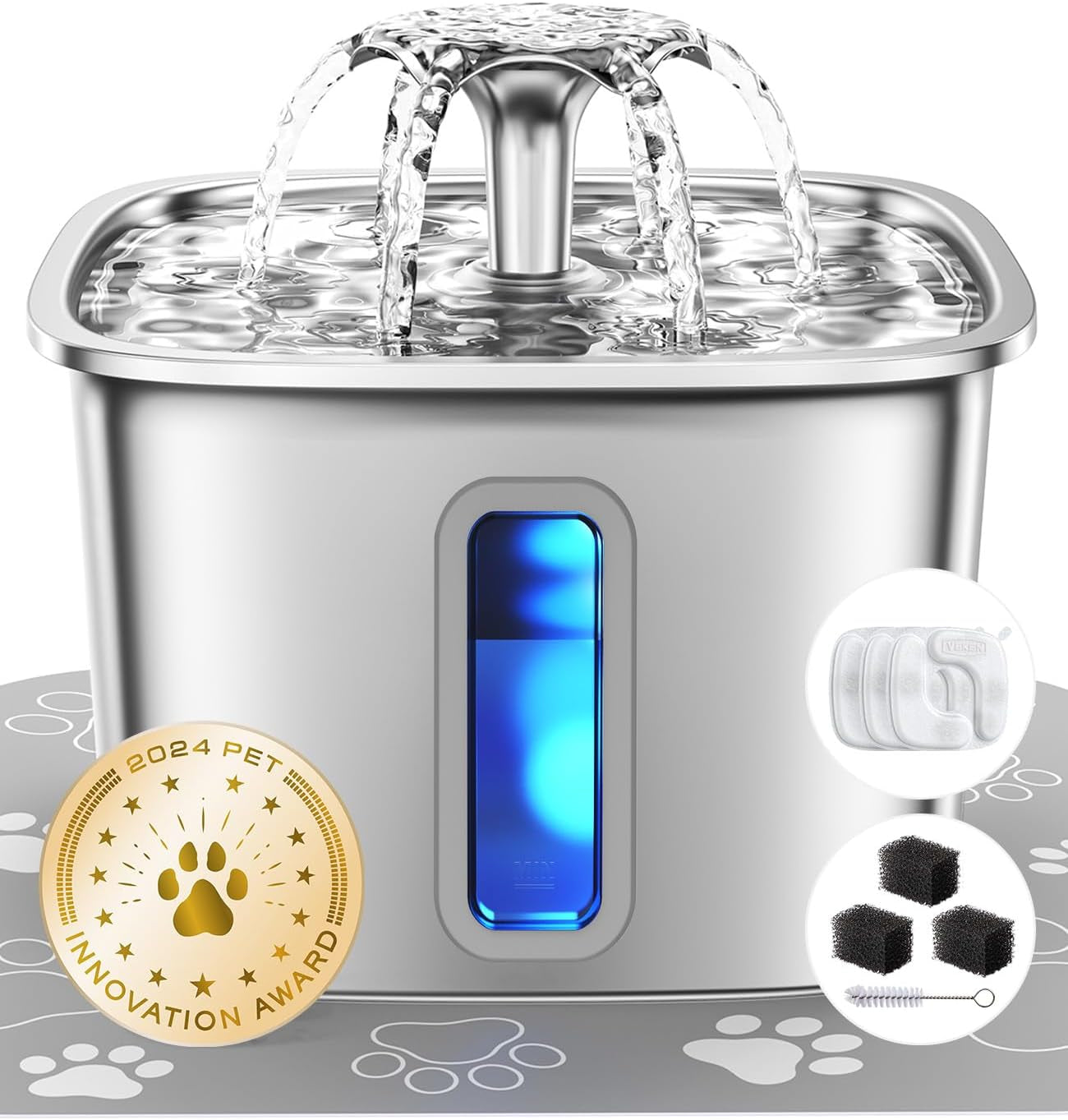 Veken Award-Winning Stainless Steel Cat Water Fountain - 108Oz Automatic Pet Dispenser with 3 Filters & Silicone Mat - Perfect Gift for Cats & Dogs (Silver)