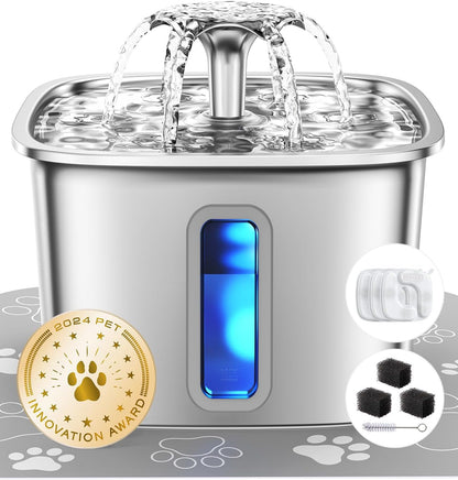Veken Award-Winning Stainless Steel Cat Water Fountain - 108Oz Automatic Pet Dispenser with 3 Filters & Silicone Mat - Perfect Gift for Cats & Dogs (Silver)