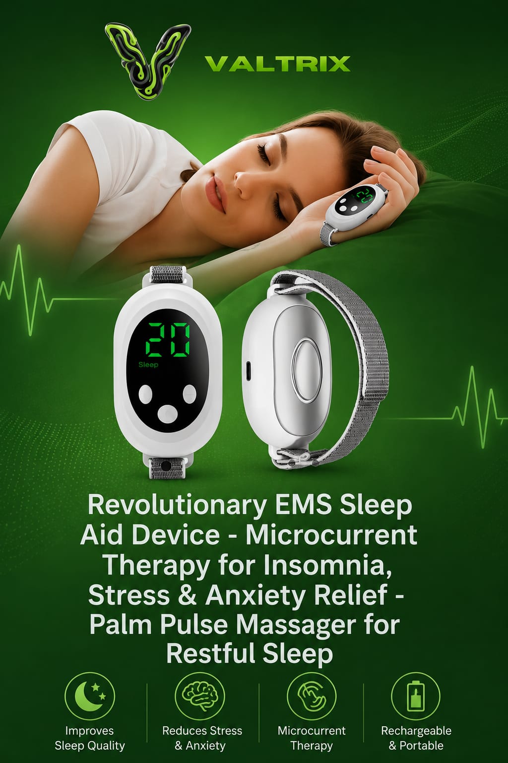 Revolutionary EMS Sleep Aid Device - Microcurrent Therapy for Insomnia, Stress & Anxiety Relief - Palm Pulse Massager for Restful Sleep
