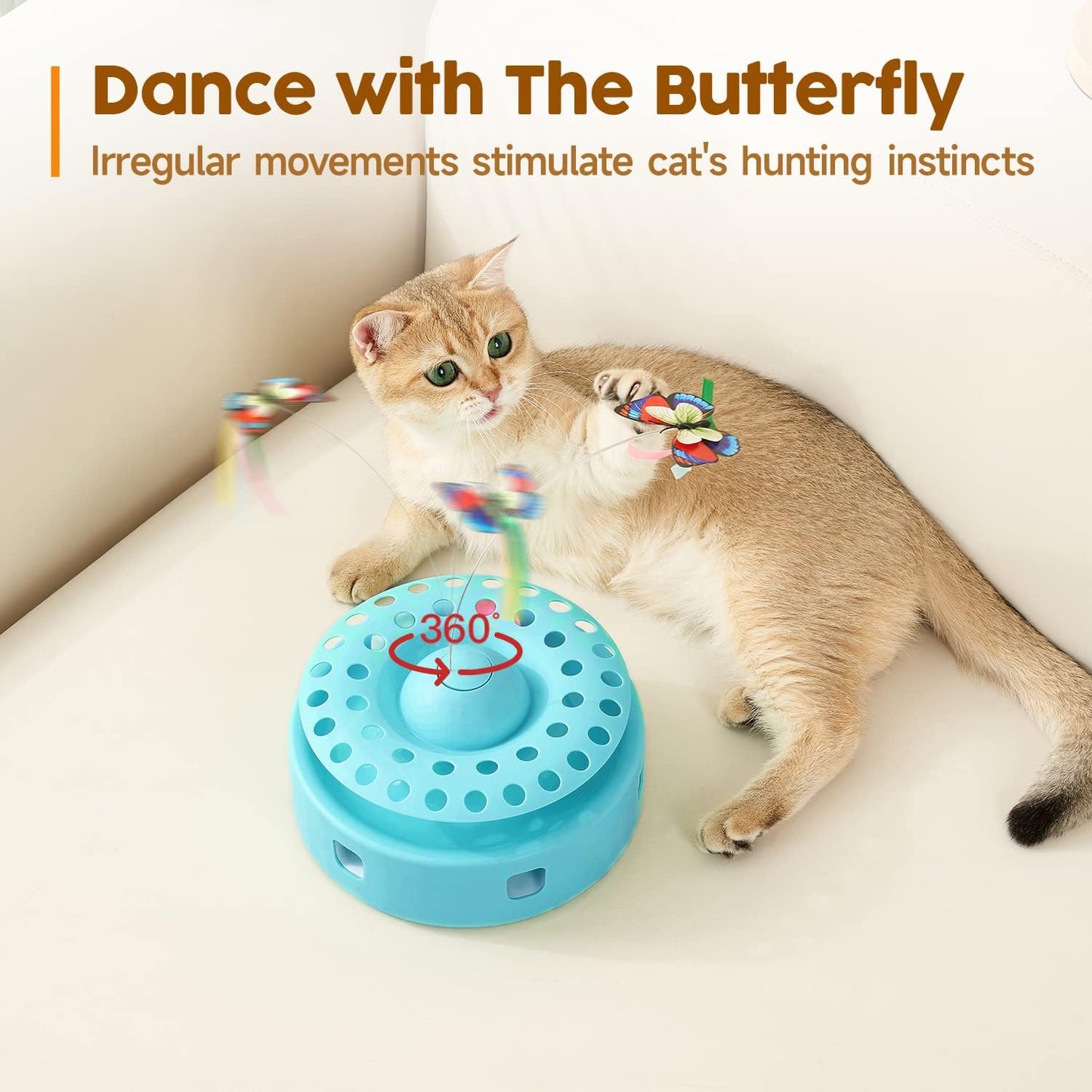 Potaroma 3-in-1 Interactive Cat Toy - Fluttering Butterfly & Feather Ambush with Track Balls - USB Powered Indoor Exercise for Kittens (Blue)