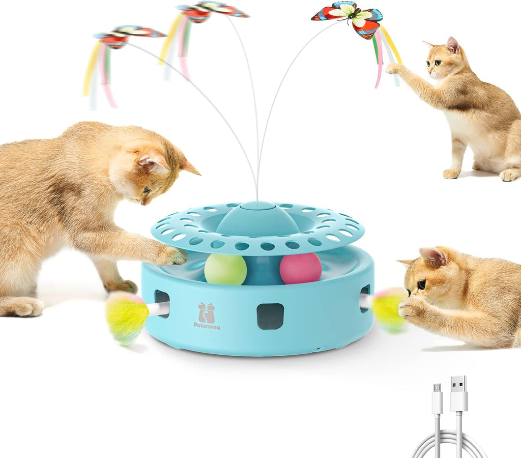 Potaroma 3-in-1 Interactive Cat Toy - Fluttering Butterfly & Feather Ambush with Track Balls - USB Powered Indoor Exercise for Kittens (Blue)